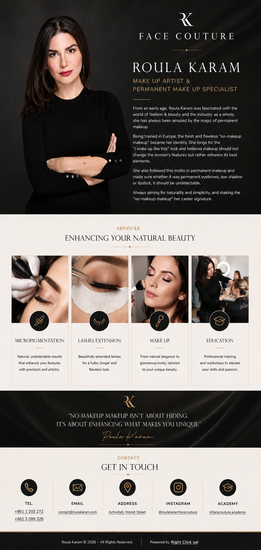 Roula Karam Face Couture – Make Up Artist & Permanent Make Up Specialist, Achrafieh Beirut Lebanon. Services: Micropigmentation, Lashes Extension, Make Up, Education.